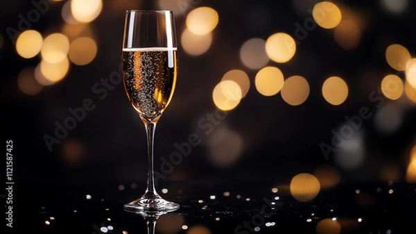 Fototapeta A glass of sparkling wine on a black surface that reflects light, with gentle bokeh lights in the backdrop