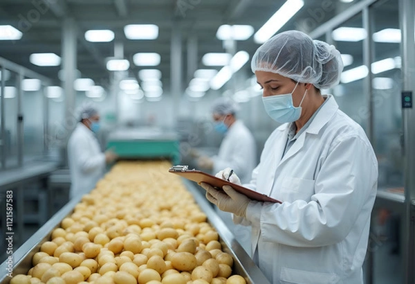 Fototapeta Workers inspect quality of freshly harvested potatoes in a large processing facility during business hours, ensuring safety protocols are followed for optimal food handling