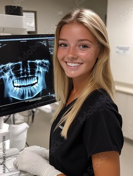 Fototapeta Blonde woman in black scrubs and gloves smiles next to an iMac showcasing a jaw X-ray in a medical environment