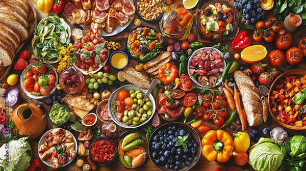 Fototapeta A vibrant table bursting with various dishes of various foods, Numerous delicious snacks are surrounding on the table, Warm festive table setting with variety of dishes and foods.