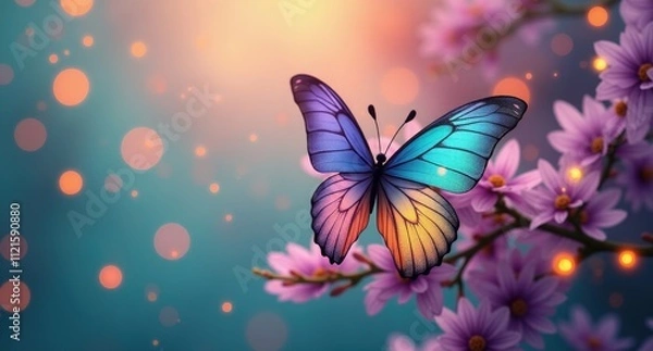 Fototapeta Spring Butterflies – Colorful butterfly ornaments fluttering, surrounded by golden fireflies, with a serene lavender and mint-colored backdrop, creating a whimsical, magical ambiance.