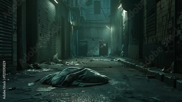 Fototapeta A deserted, dimly lit alleyway with a single, old blanket crumpled on the ground.