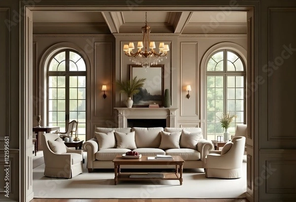 Fototapeta A luxurious and elegant living room with high ceilings , large arched windows , and a grand chandelier.