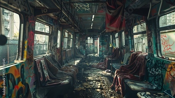 Obraz A desolate, graffiti-covered train car with tattered blankets hanging from the windows.