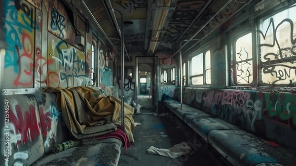 Obraz A desolate, graffiti-covered train car with tattered blankets hanging from the windows.