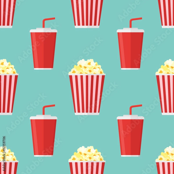 Obraz Seamless pattern with popcorn and soda takeaway on teal background. Vector texture.