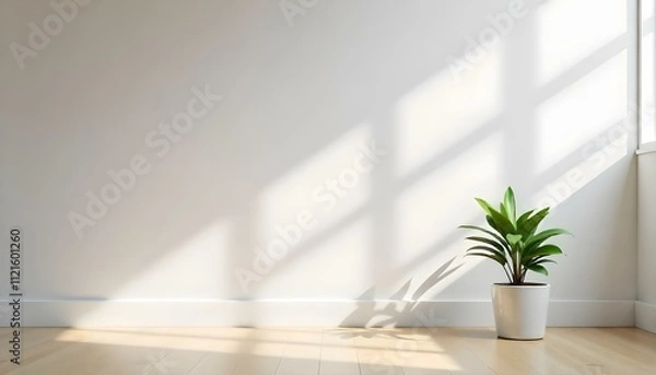 Fototapeta A minimalist indoor scene with a small potted plant and dramatic lighting from a window, creating a serene and calming atmosphere