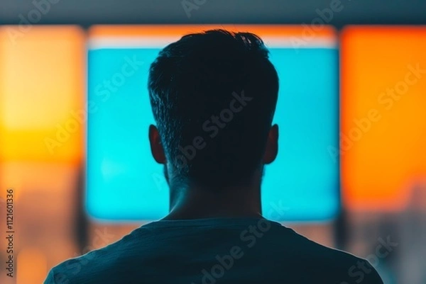 Obraz A person reflecting in front of colorful screens at sunset, evoking deep thoughts.