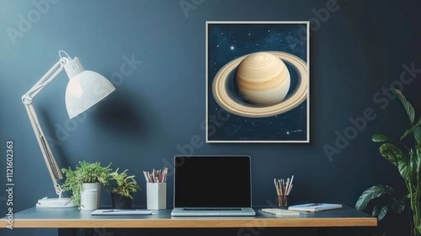 Fototapeta Saturn artwork on desk, home office decor.