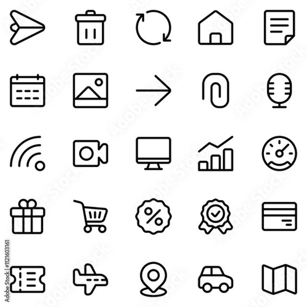 Fototapeta Collection of Basic Essential Related Vector Line Icons. Contains Icons like Arrow, Trash Can, Graph, Credit Card and more. Editable stroke. 48x48 pixels