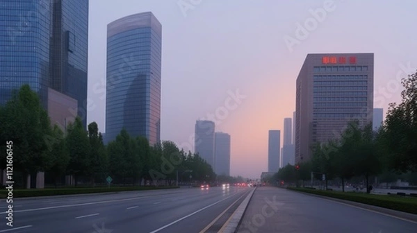 Fototapeta A cityscape at dawn with modern buildings and a quiet road.