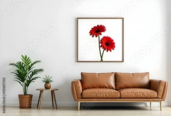 Fototapeta A modern living room with a brown leather sofa, a potted plant, and a framed artwork on the wall featuring two red gerbera daisy flowers