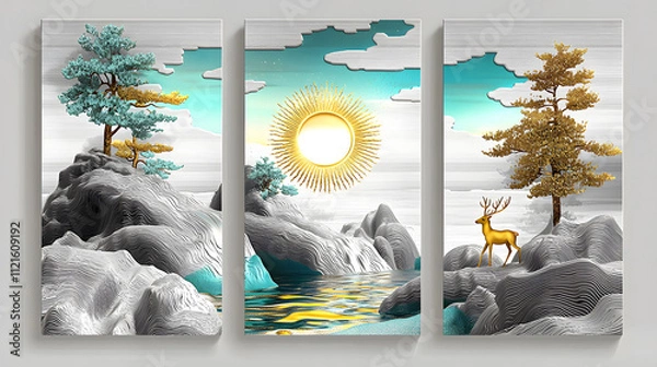 Fototapeta Golden deer in a tranquil landscape with sun.