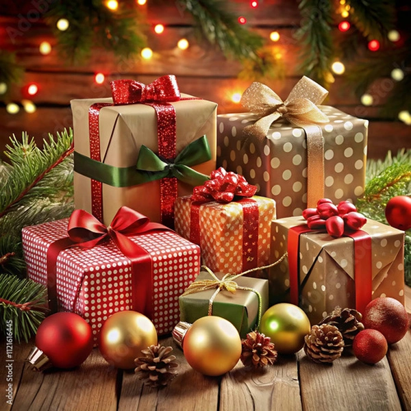 Fototapeta A collection of Christmas gifts wrapped in colorful paper with festive ribbons and bows