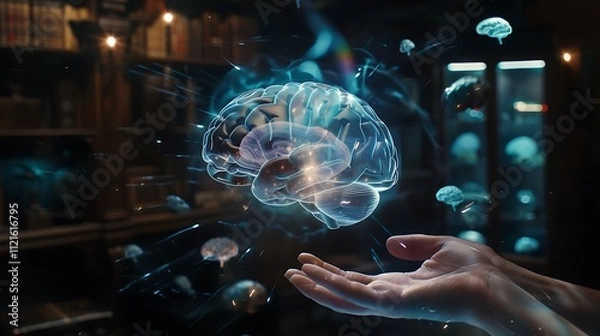 Fototapeta Showcase a brain concept with vintage hands interacting with floating holographic elements. 