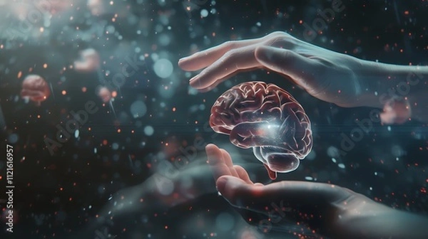 Fototapeta Showcase a brain concept with vintage hands interacting with floating holographic elements. 