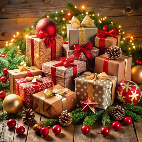 Fototapeta A collection of Christmas gifts wrapped in colorful paper with festive ribbons and bows