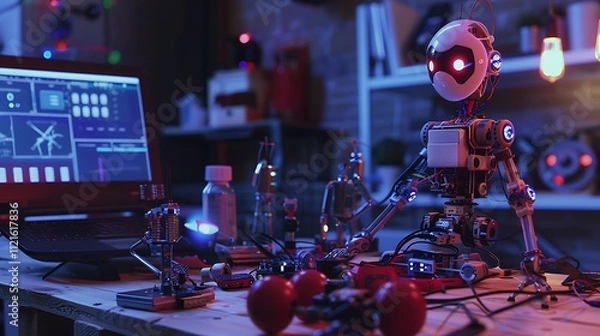 Obraz Showcase a coding and robotics workshop with robotic parts, programming manuals, and a laptop. 