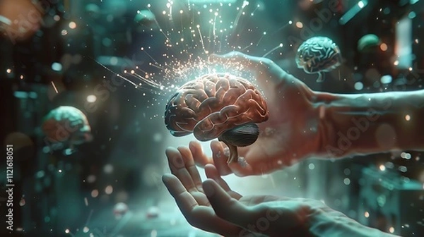 Fototapeta Showcase a brain concept with vintage hands interacting with floating holographic elements. 