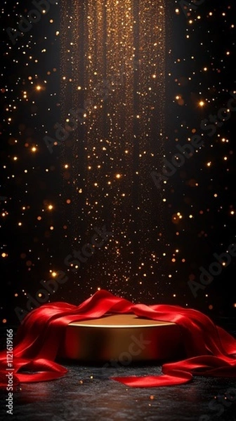 Obraz Golden display platform with red ribbon