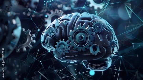 Fototapeta Showcase a conceptual vector illustration of a brain with interconnected gears and abstract lines. 