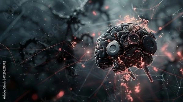 Fototapeta Showcase a conceptual vector illustration of a brain with interconnected gears and abstract lines.