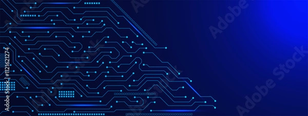 Fototapeta Futuristic circuit board with glowing electronic elements for engineering technology banner background