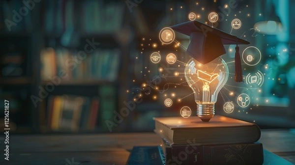 Fototapeta Showcase a digital learning platform screen, a graduation hat on a book, and a glowing lightbulb with educational icons around. 
