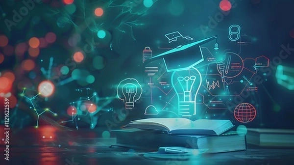 Fototapeta Showcase a digital learning platform screen, a graduation hat on a book, and a glowing lightbulb with educational icons around. 