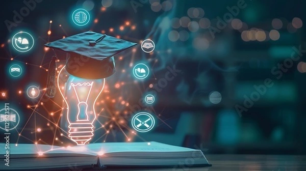 Fototapeta Showcase a digital learning platform screen, a graduation hat on a book, and a glowing lightbulb with educational icons around. 