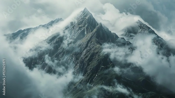 Fototapeta A majestic mountain peak surrounded by low-hanging clouds.