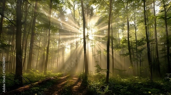 Fototapeta A tranquil forest with sunbeams filtering through tall trees.
