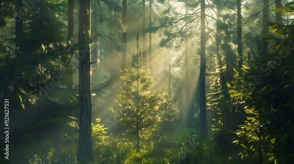 Fototapeta A tranquil forest with sunbeams filtering through tall trees.