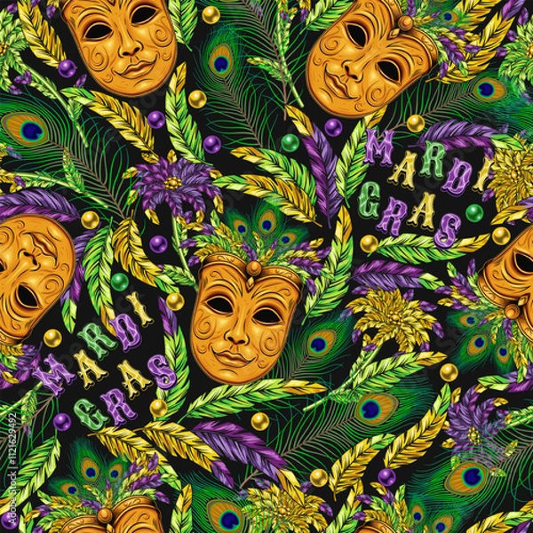 Fototapeta Carnival Mardi Gras themed pattern with golden venetian face mask with feathers, scattered trinket, beads, text. Vintage illustration for holiday, party design