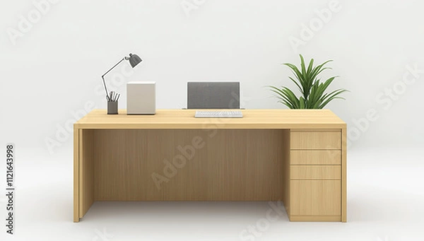 Fototapeta Modern Office Desk in Light-Oak with Studio-White Accents: Isolated Workspace Furniture on White Background, High-Resolution Professional Photo