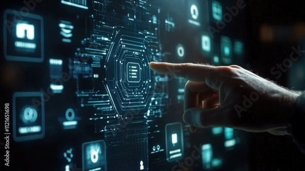 Fototapeta Human fingers touch the screen of AI