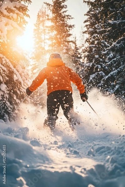Fototapeta Skiing in Snowy Wonderland: Thrilling Winter Adventure with Snow-covered Trees and Sunlit Scenery