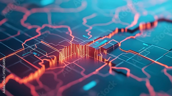 Fototapeta A futuristic digital landscape with glowing lines and geometric shapes represents data flow and technology, highlighting modern advancements in computer graphics and information systems.