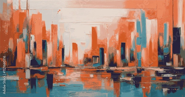 Fototapeta Urban-inspired aesthetic, vertical strokes in vibrant orange and muted turquoise converge in an abstract design full of energy, texture, and contrast