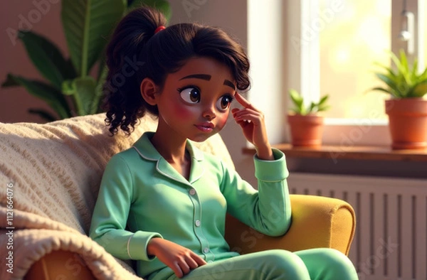 Fototapeta A cartoon-style illustration of a young girl in pajamas, looking unwell while holding her forehead. Ideal for children's health articles, self-care, or illness-related content