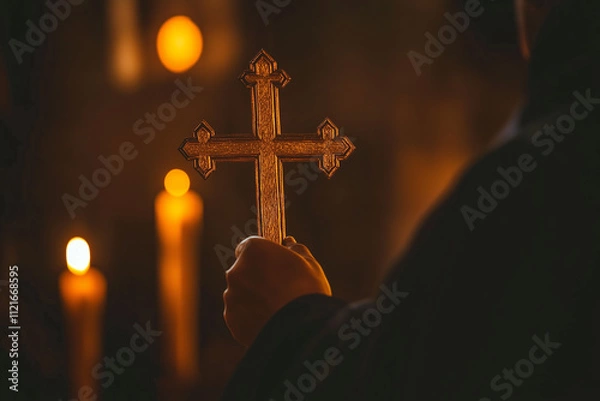 Fototapeta Priest with a solemn expression holding an ornate cross, candle-lit background, reverent and traditional