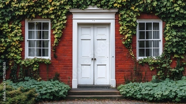 Fototapeta European vintage building features red brick facade with white wooden double doors, adorned with climbing ivy vines creating romantic entrance and rustic charm.