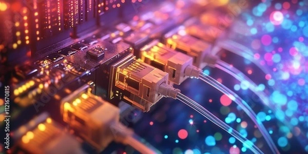 Fototapeta Network Connection: Close-up of Fiber Optic Cables and Connectors