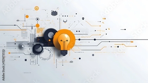 Fototapeta Minimalist line drawing combines light bulb with mechanical gears and directional arrows in black and gold, representing wisdom and innovation through technical illustration.
