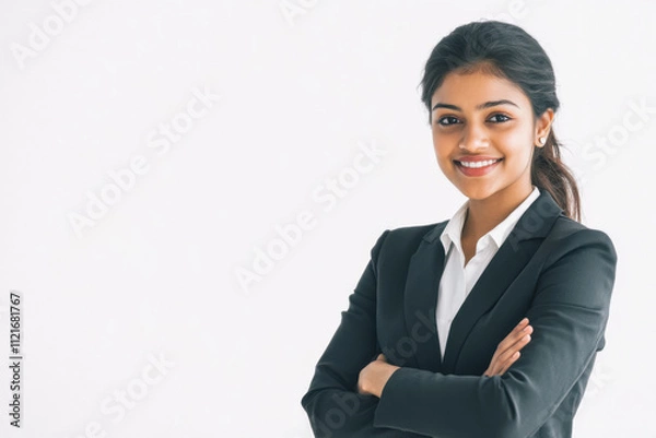 Obraz Portrait of a business smiling Indian woman about 30 years old in a business suit on a bright background in the studio