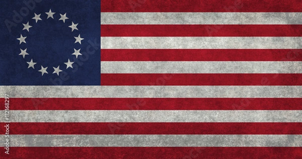 Fototapeta Amerykańska flaga historyczna z 13 punktami Powszechnie nazywana flagą Betsy Ross, ta wersja ma tekstury vintage retro.