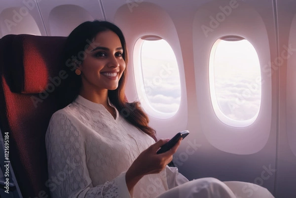 Fototapeta Portrait of a beautiful joyful smiling Indian woman of about 30 years sitting near the porthole on an airplane in his hands with a smartphone