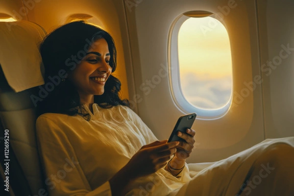 Fototapeta Portrait of a beautiful joyful smiling Indian woman of about 30 years sitting near the porthole on an airplane in his hands with a smartphone
