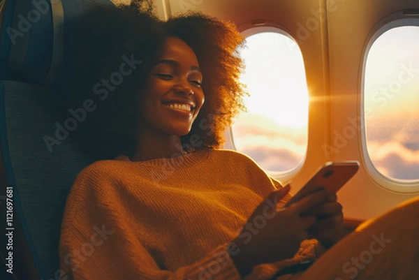 Fototapeta Portrait of a beautiful joyful smiling Afro-American woman of about 30 years sitting near the porthole on an airplane in his hands with a smartphone