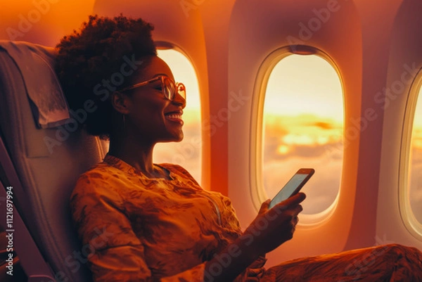 Fototapeta Portrait of a beautiful joyful smiling Afro-American woman of about 30 years sitting near the porthole on an airplane in his hands with a smartphone